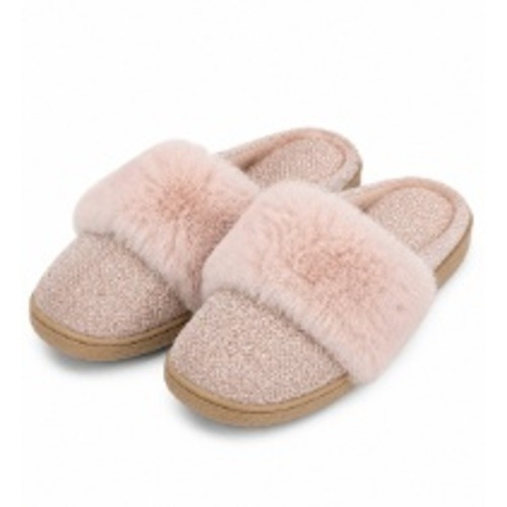 Isotoner Womens Pink Glitter Memory‎ Foam Slippers Faux Fur Trim Size M 7.5-8